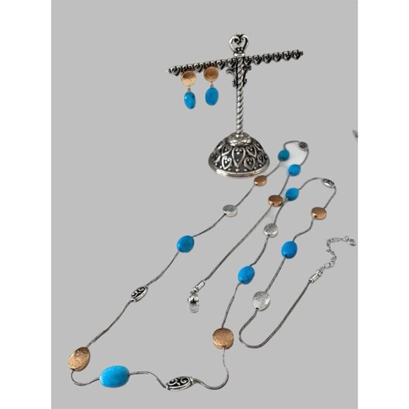Brighton Mediterranean Turquoise Long Brushed Silver Gold Necklace, Earrings - Picture 2 of 6
